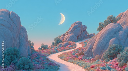 Pastel Pixelated Landscape With Winding Path And Moon