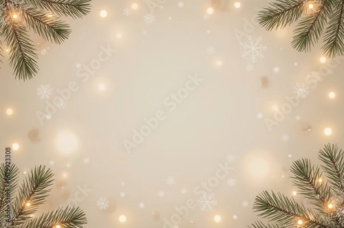 Festive beige background with fir branches, lights, and snowflakes