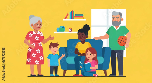 Happy multi-generational family enjoying quality time together at home. Grandmother talks, girl reads, grandfather holds a basketball. Family lifestyle and bonding concept.