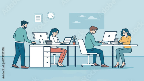 Diverse business professionals focused on work at their desks in a modern office, symbolizing teamwork, productivity, and contemporary corporate life.