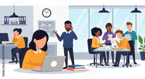 Diverse team collaborating and working in a modern, productive office environment. Ideal for showcasing teamwork, business operations, and a bustling workplace.