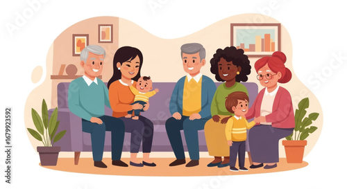 Happy multi-generational family portrait, featuring grandparents, parents, and children, enjoying time together at home. Illustrates family bonds, love, and support.