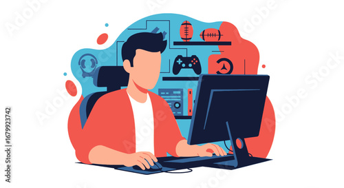 Young person focused on computer, engaged in online activity or gaming in a modern digital setting. Represents technology, remote work, or digital hobbies.