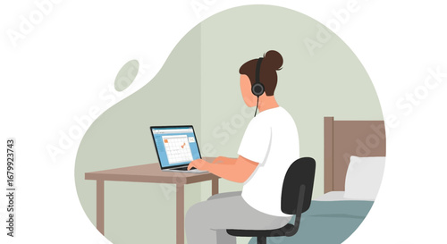 Focused individual wearing headphones uses a laptop for remote work or online meeting in a home setting, managing tasks and schedule. Ideal for business, lifestyle, and technology concepts.
