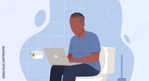Man working intently on a laptop while sitting on a toilet in a home bathroom, illustrating remote work, multitasking, and informal productivity.