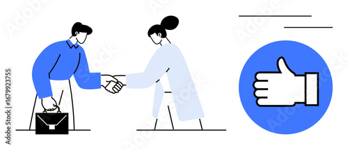 Two professionals shaking hands, one with a briefcase, alongside a blue thumbs-up icon. Ideal for teamwork, partnerships, business growth, agreement, networking, trust simple landing page