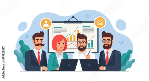 Professional business team collaborating in a meeting, analyzing growth charts and data on laptops. Ideal for corporate strategy, finance, and teamwork concepts.