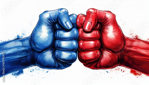 fist bump red hand vs blue hand democrat republican politics isolated on white background