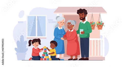 Multi-generational family enjoying time together at home, with children playing blocks and adults showing affection. Represents happiness, care, and family bonds.