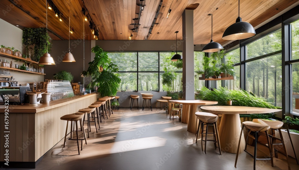 Fototapeta premium modern empty coffee shop trendy interior design with wood and greenery