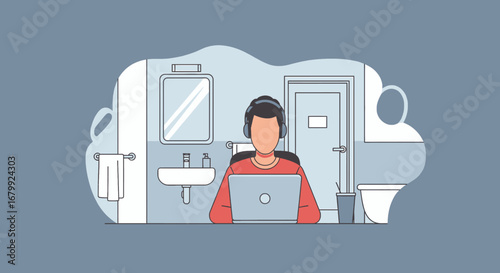 Person in headphones working on a laptop in a bathroom, symbolizing remote work flexibility, focus, and unconventional workspaces. Modern lifestyle.