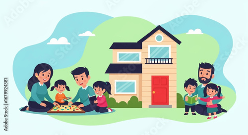 Happy family enjoying leisure activities together at home, playing board games and reading, depicting cherished moments and parental care.
