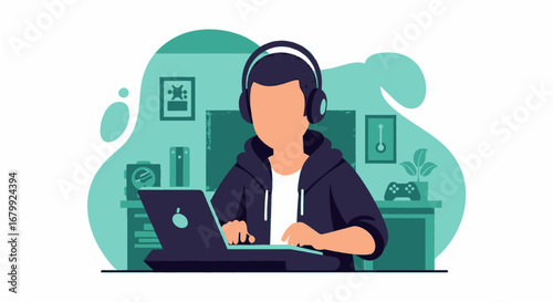 Focused individual with headphones and laptop, engaging in online activity from a home setting. Perfect for themes of remote work, education, or digital leisure.