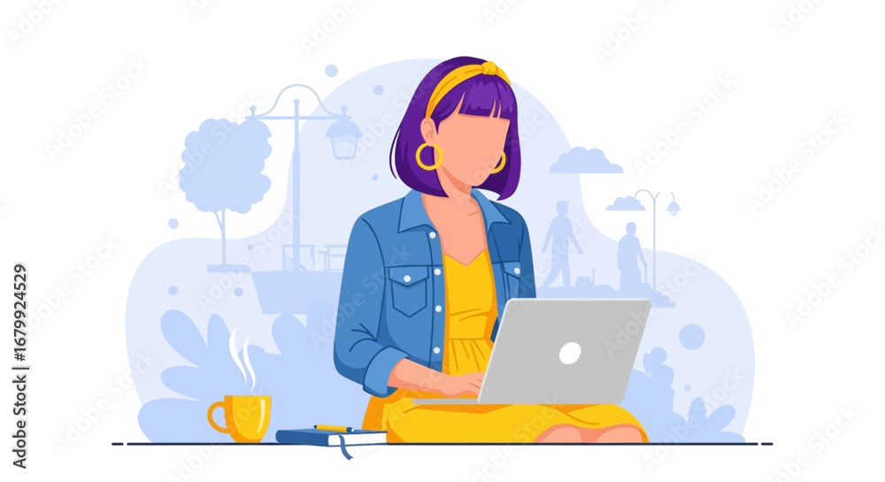 Obraz premium Young woman working remotely on her laptop outdoors, enjoying a hot drink. Ideal for concepts of freelance, digital nomad lifestyle, and modern productivity.