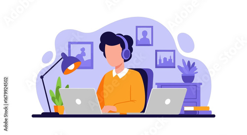 A focused person in headphones works remotely on two laptops, surrounded by a productive home office setup. Ideal for concepts of online learning, virtual meetings, or flexible work.