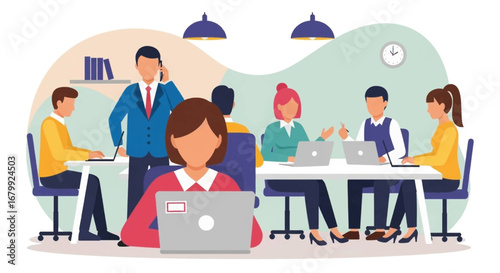 Diverse business professionals collaborate and work on laptops in a modern open-plan office, representing teamwork, communication, and productivity.