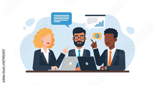 Diverse business professionals collaborate in a productive meeting, exchanging ideas and analyzing data on laptops for strategic decision-making and success.