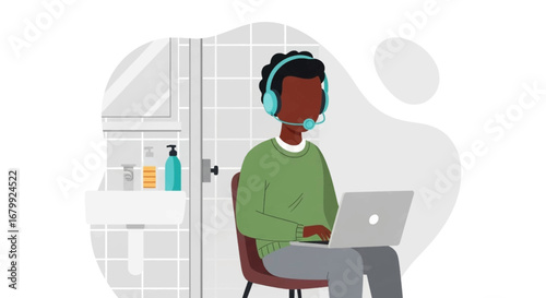 Man working remotely on a laptop with a headset from an unconventional bathroom setting, showcasing flexible modern work-life balance.