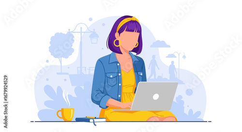 Young woman working remotely on her laptop outdoors, enjoying a hot drink. Ideal for concepts of freelance, digital nomad lifestyle, and modern productivity.