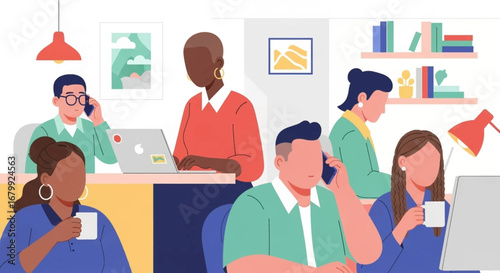 Diverse professionals collaborating in a modern office, engaged in calls, laptop work, and communication, showcasing teamwork and productivity in a vibrant business environment.