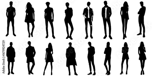 Collective Presence: Silhouettes of Diverse Human Stances, A black-and-white silhouette composition featuring fifteen individuals arranged in three rows