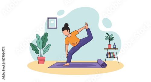 Woman practices a balancing yoga pose at home, embodying wellness, fitness, and a mindful, healthy lifestyle. Ideal for health, exercise, and relaxation themes.
