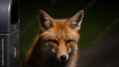 Wallpaper Mural Close-Up Portrait of a Curious Red Fox by a Trash Can Torontodigital.ca