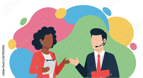 Diverse business professionals engaging in a collaborative discussion. Ideal for concepts like customer service, support, consulting, or teamwork in a dynamic environment.