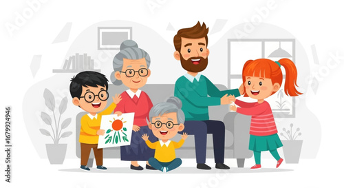Joyful multigenerational family bonding at home. Father, grandmothers, and happy children share precious moments, highlighting family love and care. Ideal for lifestyle and parenting.