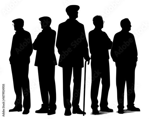 Shadows of Character: Silhouetted Figures in Timeless Attire, A black-and-white silhouette illustration featuring five individuals standing side by side, each wearing hats and dressed in casual to sem