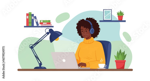 Focused Black woman working remotely on laptop with headphones in home office. Great for productivity, online education, or modern digital lifestyle concepts.