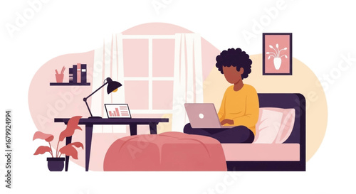 A person comfortably works remotely on a laptop in a cozy bedroom setting, ideal for home office, flexible work, or online learning concepts.