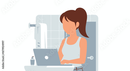 Woman working remotely on a laptop in a casual home bathroom setting, highlighting modern work-life balance and daily productivity.