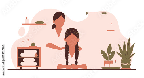 Woman receiving a relaxing shoulder massage at a spa, surrounded by candles and plants for wellness and tranquility.