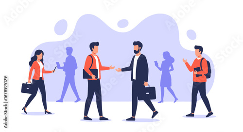 Professionals collaborating in a modern business environment, symbolizing networking, partnership, and communication among diverse individuals.