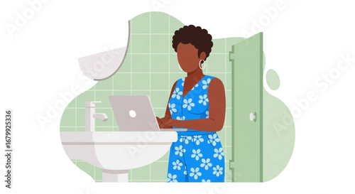 Woman in casual blue attire using a laptop in a bathroom, depicting remote work, personal productivity, and a flexible work-from-home lifestyle.