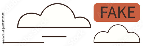 Cloud outlines with a bold FAKE tag highlight the concept of falseness and authenticity. Ideal for themes of online security, misinformation, deceit, analysis, technology, education, simple flat
