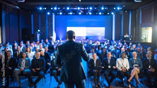 Speaker giving a talk at business meeting audience in the conference hall	