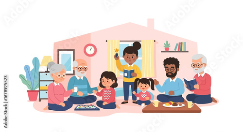 Happy multi-generational family enjoying quality time together at home, reading, playing board games, and sharing moments. Represents love, connection, and domestic bliss.