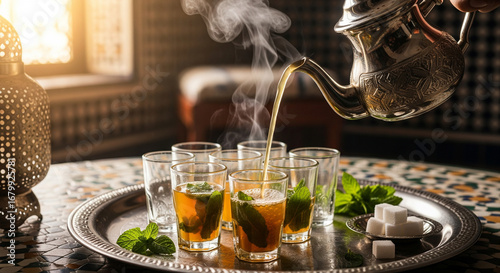 Moroccan Mint Tea Ceremony Pouring From Silver Teapot Into Glasses Tradition