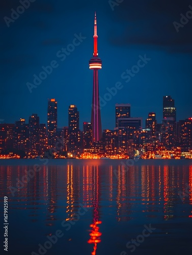 Toronto Cityscape Night Skyline Reflection - Illuminated CN Tower and Downtown Urban Water Landscape