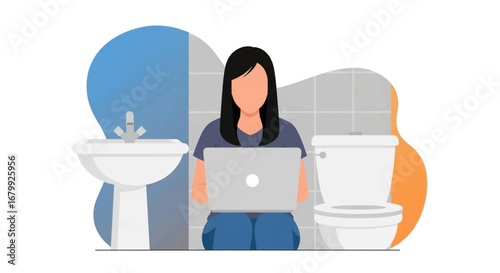 Remote worker uses laptop in a bathroom, symbolizing flexible work arrangements, unusual workspaces, and modern work-life integration.
