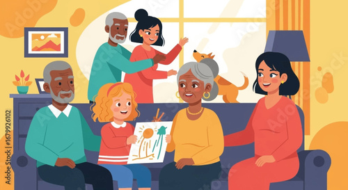 A happy multi-generational family gathers in a living room as a little girl shows her drawing to her smiling grandmother, highlighting family bonding and creativity.