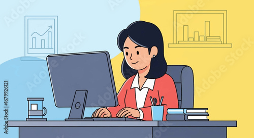 Professional woman smiling and working diligently on her computer in an office, surrounded by business charts. Represents productivity, data analysis, and success.