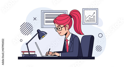 Businesswoman working diligently at her desk with a laptop and documents, illustrating productivity, analysis, and professional growth in a modern office environment.