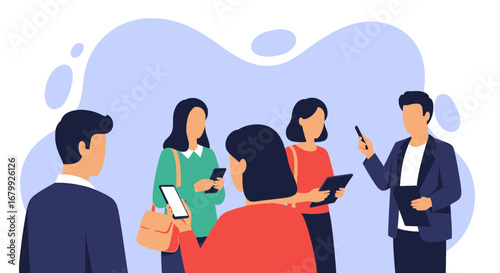 Group of people using mobile phones and tablets, engaging in modern communication and digital interaction. Ideal for business, technology, or lifestyle concepts.