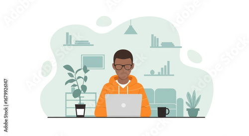 Young African American man working remotely on his laptop from a comfortable home office setting. Ideal for themes of remote work, online learning, or digital entrepreneurship.