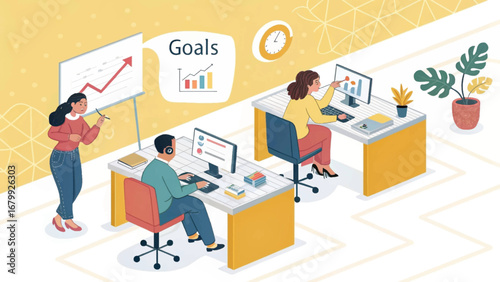 Business professionals collaborate in a modern office, analyzing data and setting goals for growth and success. Ideal for concepts of strategy, teamwork, and achievement.