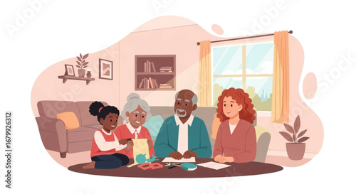 Happy multi-generational family crafting together at home. Grandparents, mother, and child enjoy creative bonding and quality time.