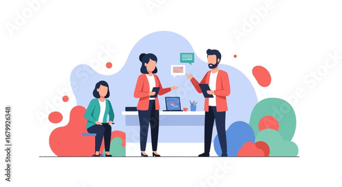 Business professionals collaborating in an office setting. Team members discuss strategy and review data, showcasing teamwork and communication.